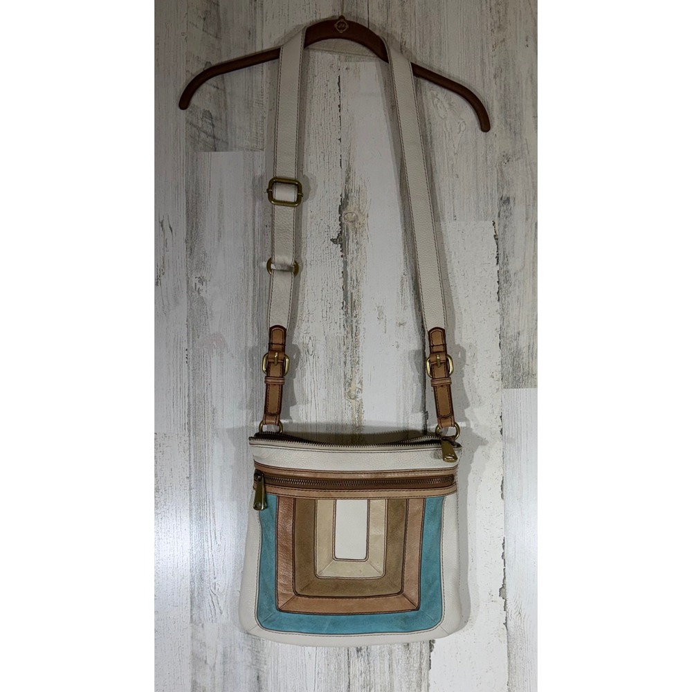 Fossil Crossbody Bag Cream Brown Turquoise Leather Suede Geometric Boho READ